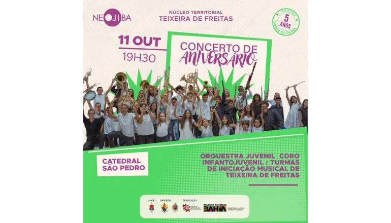 Mais de 200 crianças e jovens participam do concerto de aniversário de 5 anos do Núcleo Territorial NEOJIBA Teixeira de Freitas