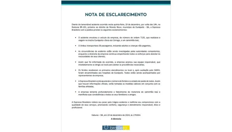 Acidente com ônibus da Expresso Brasileiro deixa dois mortos e vários feridos na BR-101