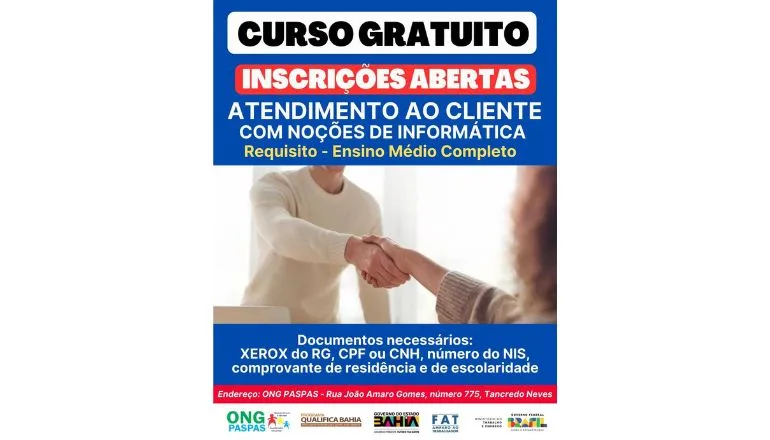 Curso gratuito de Atendimento ao Cliente está com inscrições abertas na ONG Paspas