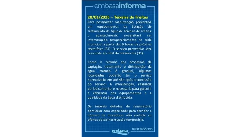 Abastecimento de água será interrompido em Teixeira de Freitas para manutenção preventiva