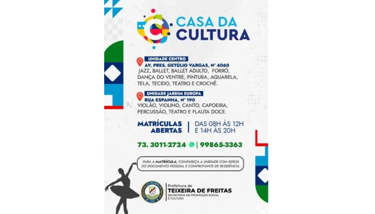 Casa da Cultura abre inscrições para cursos gratuitos em Teixeira de Freitas