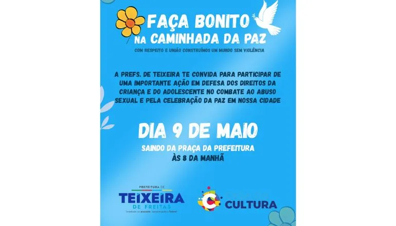Prefeitura de Teixeira de Freitas promoverá Caminhada da Paz em defesa das crianças e adolescentes na sexta (09)