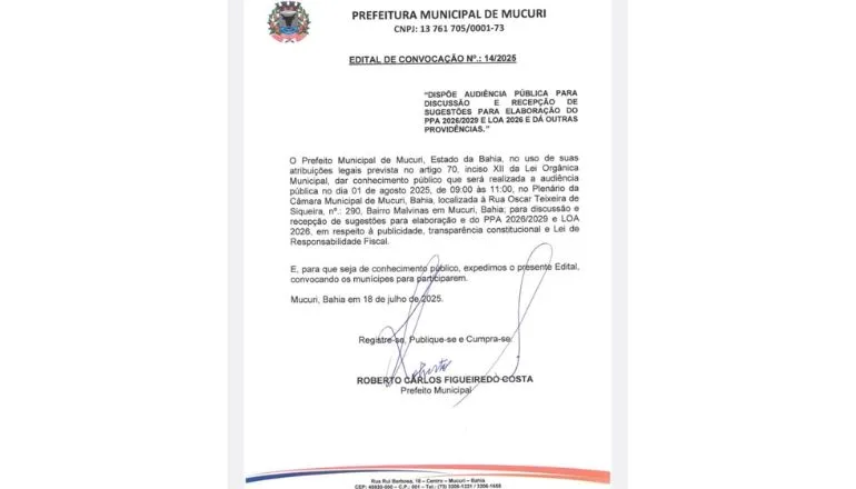 Prefeitura de Mucuri convoca população para Audiência Pública dia 1º de agosto sobre o PPA 2026/2029 e LOA 2026
