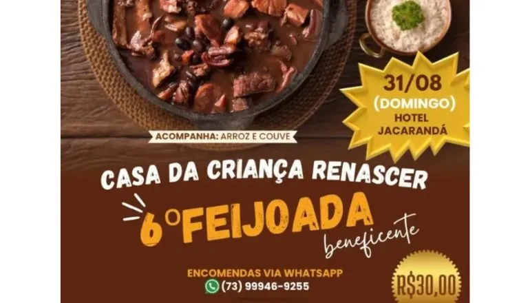 Casa da Criança Renascer promove 6ª Feijoada Beneficente em Teixeira de Freitas