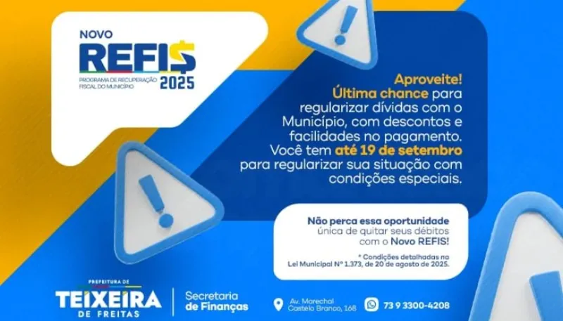 Prefeitura de Teixeira de Freitas lança Novo Refis 2025 com descontos em dívidas municipais