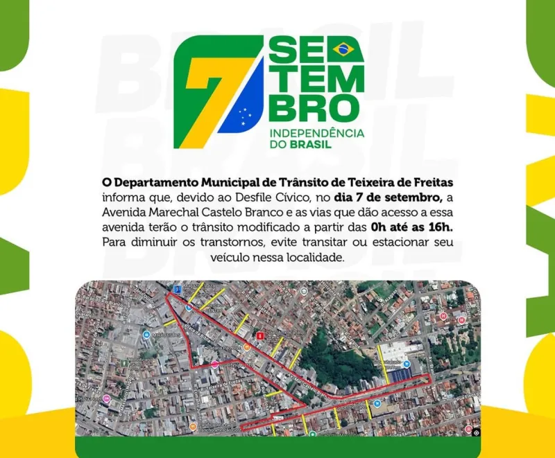 Veja as mudança no trânsito para o Desfile Cívico de 7 de Setembro em Teixeira de Freitas