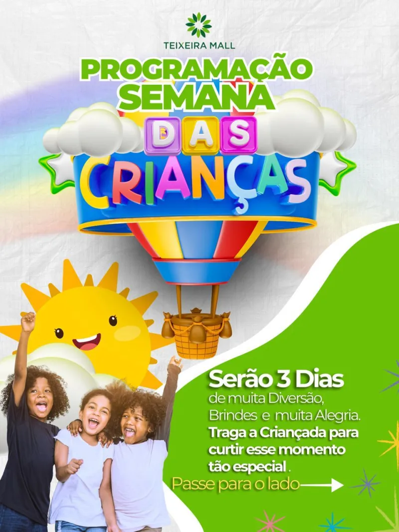 Shopping Teixeira Mall promove festa para as Crianças com 3 dias de programação especial