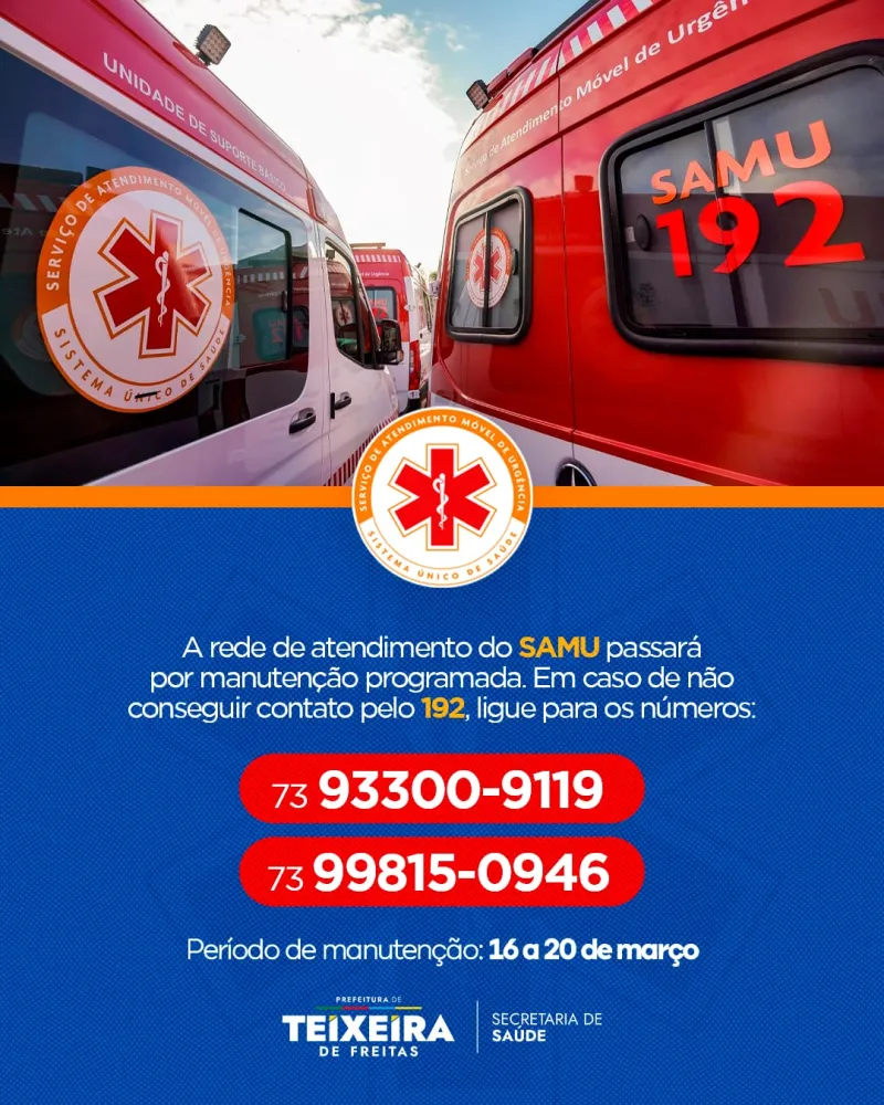 Atenção, população!  A rede de atendimento do SAMU passará por manutenção 