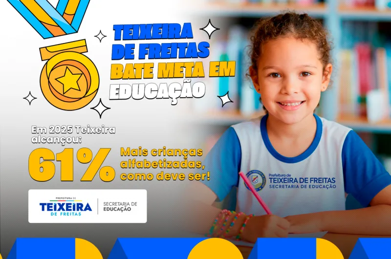Teixeira de Freitas atinge meta da Alfabetização e alcança 61% de crianças alfabetizadas na idade certa Teixeira de Freitas atinge meta da Alfabetização e alcança 61% de crianças alfabetizadas na idade certa