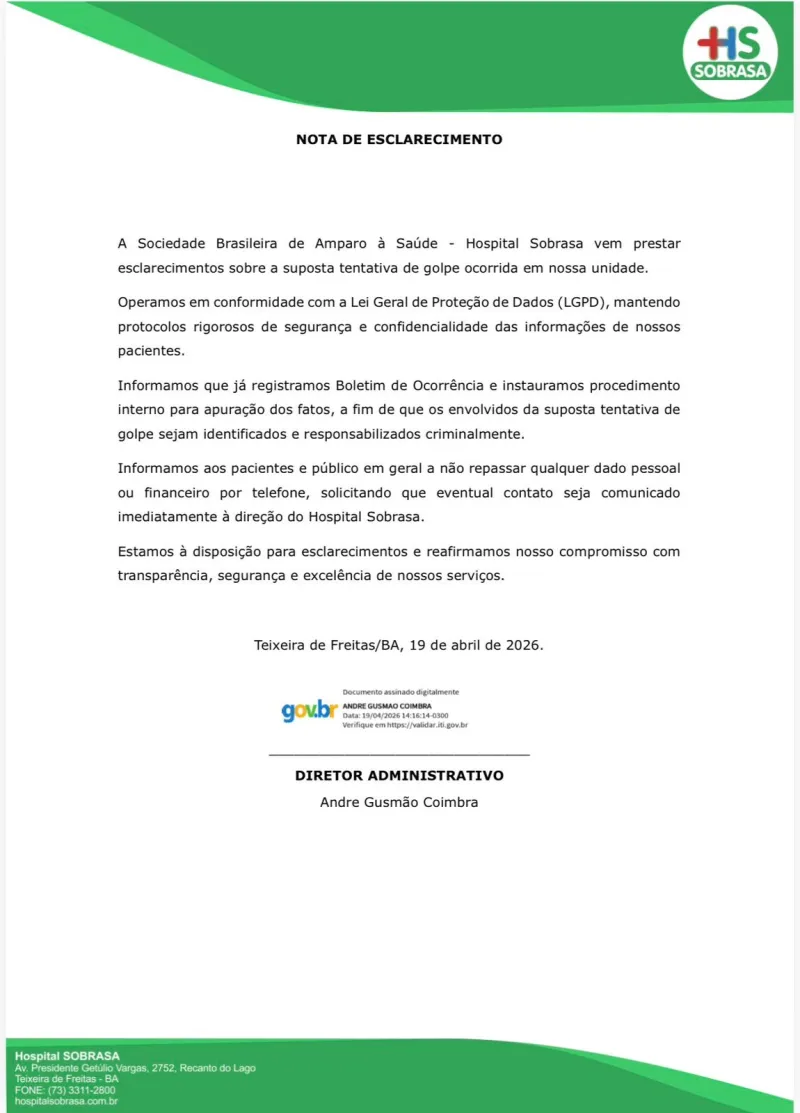 Mãe alerta sobre possível golpe no Hospital Sobrasa e levanta debate sobre segurança de dados em Teixeira de Freitas