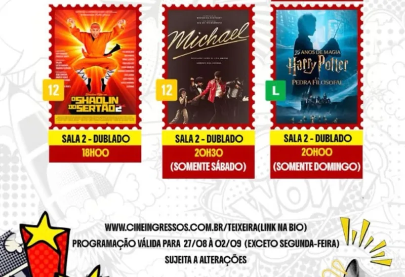Cine Teixeira divulga programação de 27 de agosto a 2 de setembro: está imperdível