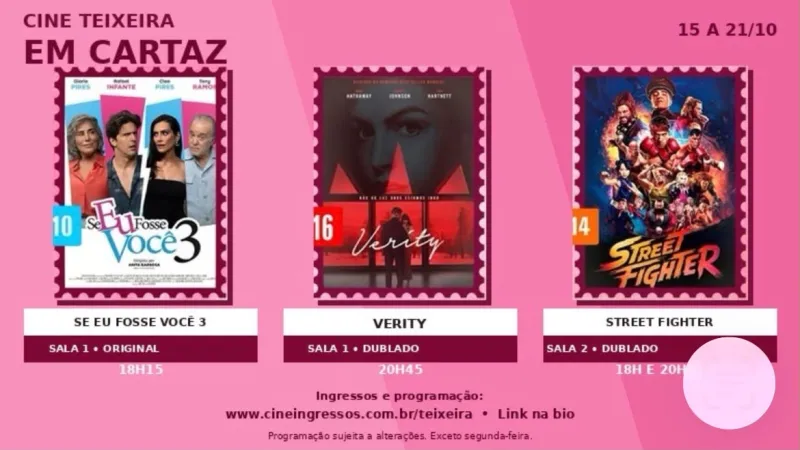 Cine Teixeira divulga programação de filmes em cartaz de 15 a 21 de outubro Cine Teixeira divulga programação de filmes em cartaz de 15 a 21 de outubro