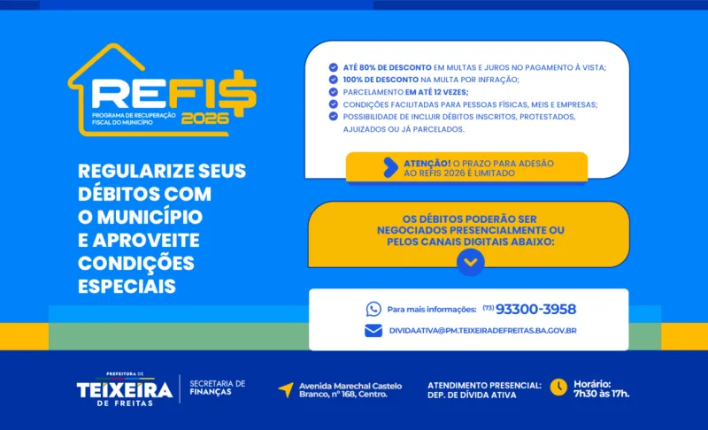 Prefeitura de Teixeira de Freitas lança REFIS 2026 com descontos em multas e juros para regularização de débitos