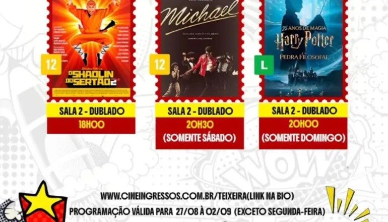 Cine Teixeira divulga programação de 27 de agosto a 2 de setembro: está imperdível