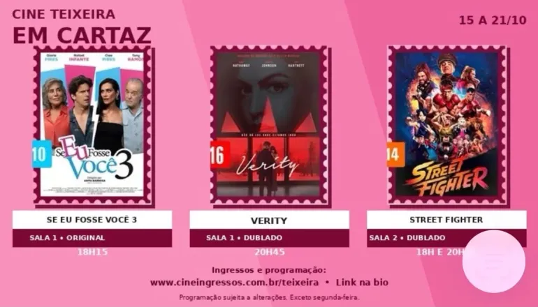 Cine Teixeira divulga programação de filmes em cartaz de 15 a 21 de outubro
