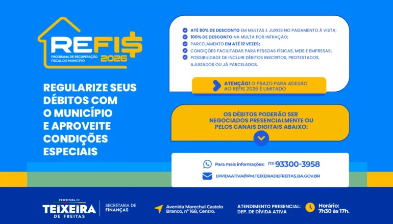 Prefeitura de Teixeira de Freitas lança REFIS 2026 com descontos em multas e juros para regularização de débitos