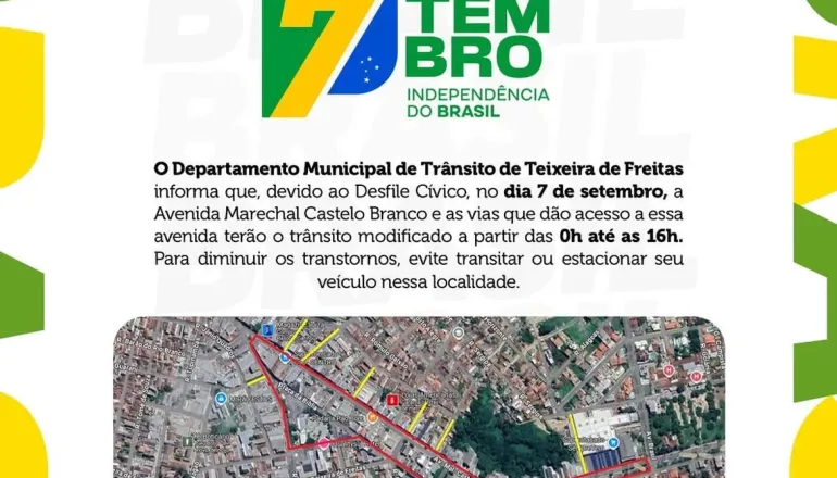 Veja as mudança no trânsito para o Desfile Cívico de 7 de Setembro em Teixeira de Freitas